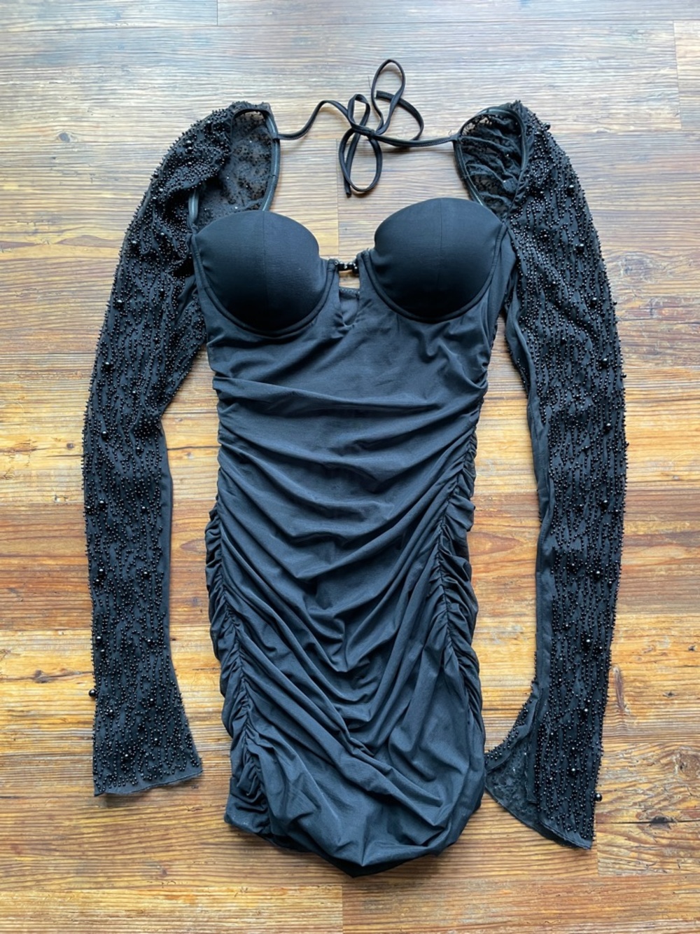 Oh Polly Black Beaded Sleeve Bodycon Dress